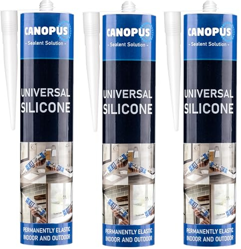 CANOPUS Universal Silicone, Clear, 3-Pack 10oz Each, Waterproof Kitchen & Bathroom Acetoxy Silicone Sealant, Suitable for Indoor and Outdoor Waterproofing and Bonding Applications, Shower Sealant