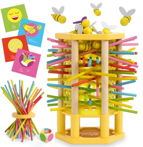 Nene Toys BEEFALL Groß, 4-in-1 Lernspiel mit Bienen, Montessori Spielzeug ab 3 Jahren mit bunten Stäben, Würfeln & Karten - Holzspiel für Jungen & Mädchen 3-9 Jahre - Pädagogisches Familienspiel