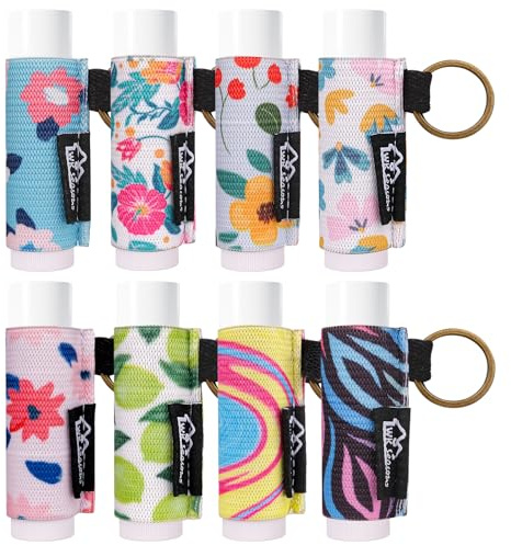 WK IEASON 8pcs Floral B Lip Balm Holder Keychain, Clip-on Lipstick Sleeve, Compatible With Chapstick, Burt's Bees, Elastic Lip Gloss Holder, Stocking Stuffers for Teen Girls Women