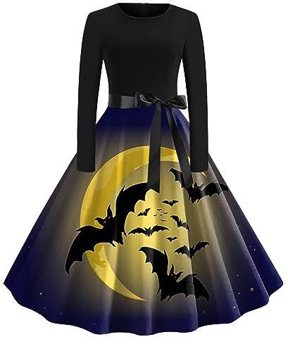 Halloween Kostüm Damen Retro Kleidung Damen Temperament Langarm Gebundene Taille Tunika Festlich Rundhals Teufel Swing Gastkleider Abendkleid Kurz Sexy (Black, XL)