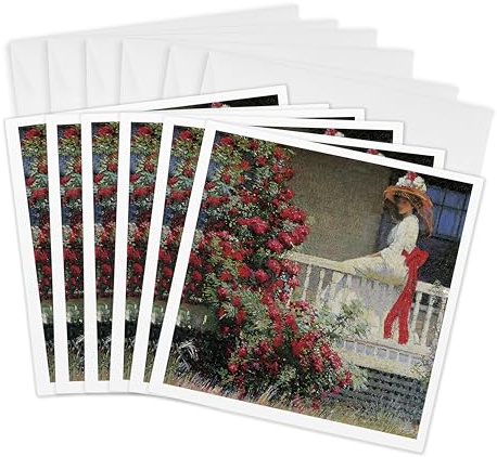 Greeting Cards - The Crimson Rambler by Philip Leslie Hale Victorian Lady and Roses - 6 Pack - BLN Flower Paintings Fine Art Collection