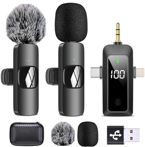 HMKCH Micrófono Lavalier inalámbrico para teléfono Android, iPhone, cámara, PC, 4 en 1, micrófono de solapa inalámbrico con modo de cancelación de ruido, indicador de nivel de batería para grabación