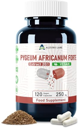 Alzuro Labs Pygeum africanum | 5.000 mg Équivalent | extrait d'écorce 20:1 250 mg (13% phytostérols) | 120 Gélules Véganes | Réserve 4 Mois | Prunus africana | GMP & Testé en Laboratoire Indépendant