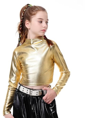 LOLANTA Top Court métallisé à Demi-col roulé pour Fille, Haut de Danse Scintillant pour Le Hip-hop, Le Disco, la scène et Les soirées, Or, 11-12 Ans, 160