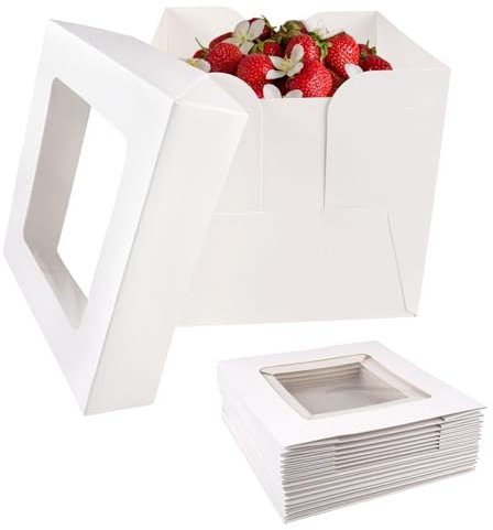 Orixo Cajas para Tartas 20x20x20 cm, Caja Blanca de Cartón con Tapas y Ventanas, Ideal para Cumpleaños y Fiestas
