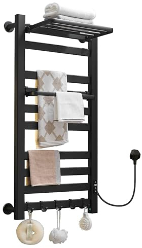 VelvetWarm Heated Towel Rail Self-Adhesive & Wall Mounted,10 Bar 960x485mm Electric Towel Rail with Thermostat,Black Flat Bathroom Ladder Electric Towel Radiator