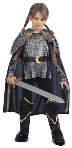 My Other Me Déguisement de viking pour fille, taille 5-6 ans. Comprend une cape noire avec boutons-pression dorés, un col et des manchons en fausse fourrure, une tunique grise avec clous métalliques