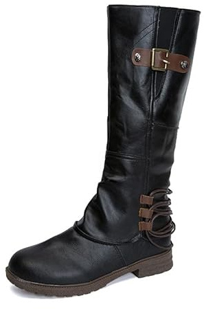 Botas de caña larga para mujer, botines de caña ancha, botas vintage de caballero, antideslizantes, impermeables, de entretiempo, botas altas de cuero, zapatos tradicionales, Negro , 40 EU