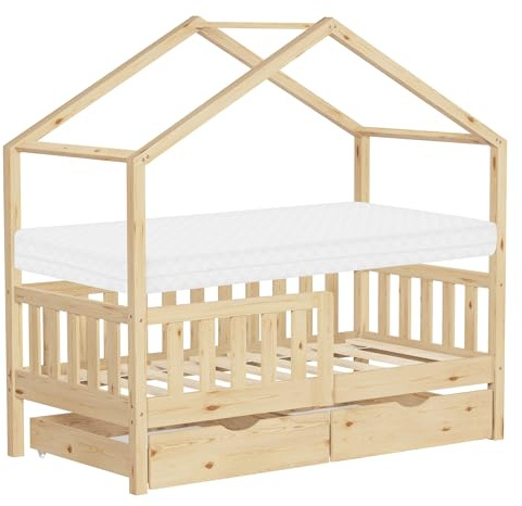 ML-Design barnsäng hussäng 70x140 cm naturfärgad med madrass träsäng med 2 lådor fallskydd ribbotten leksäng av furu Montessorisängram golvsäng hus juniorsäng för barn lek och vila trygg sovplats