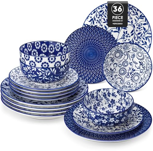vancasso Selene Dinner Sets for 12, 36 Pieces Plates and Bowls Set | Vintage Blue Porcelain Crockery Set, Kitchen Dinnerware Sets, Mircowave and Dishwasher Safe Dishes Set, Scratch Resistant