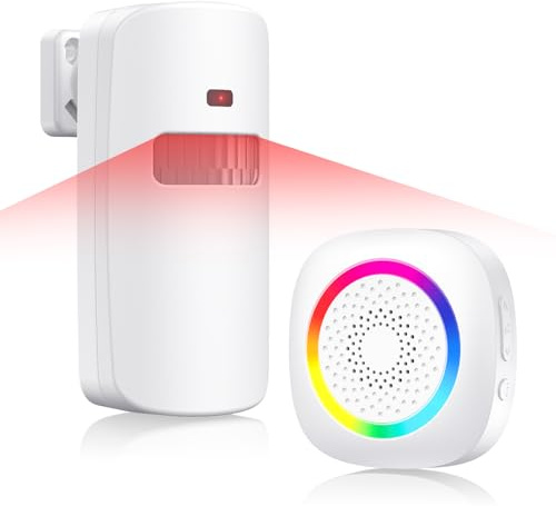 TECKNET Durchgangsmelder Alarm Klingel, PIR Bewegungssensor Innen, 6M*110° Erfassungsbereich, RGB-Anzeigeleuchte, 61 Melodien&120dB, 5-stufige Lautstärke, für Zuhause, Geschäfte, Garage, Wohnmobil