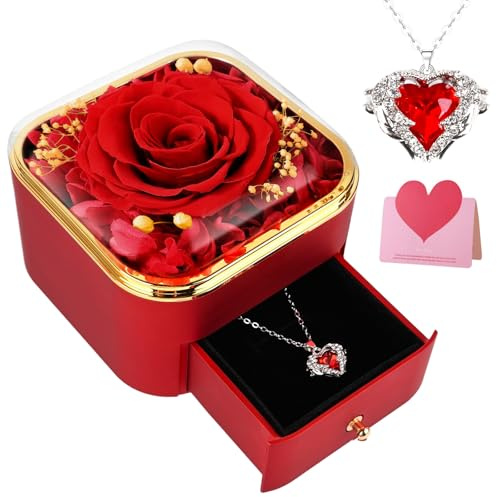 Gaethra Rosa Stabilizzata, Rosa Eterna con Collana, Regalo per Lei Fidanzata, Mamma, Moglie, Rosa Eterna Confezione Regalo per Valentino, Natale, Mamma, Anniversario