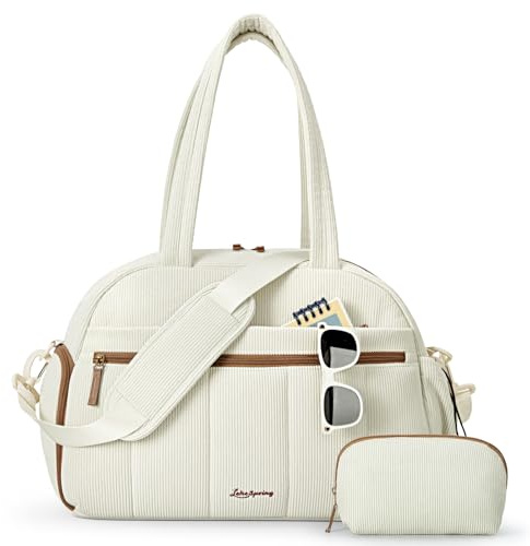 Lekespring Sac de Voyage Femme en Velours Côtelé, Sac Sport Léger 24 L, Sacs Weekend Bagage à Main avec Trousse Toilette et Sacs Imperméable en PVC Idéal pour l'hôpital Voyages Vacances Sport, Beige