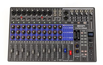 ZOOM LiveTrak L-12next Digitalmischpult und Recorder mit 12 Kanälen, Audio-Interface, 14-Spur-Aufnahme 24/96, Master-Spur 32-Bit-Float, Live und Studio, OLED-Display, Effekte, Filter (EU-Version)