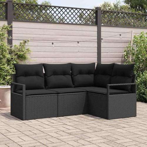 kithwjll Lot de 4 canapés de jardin en polyrotin noir pour terrasse, balcon, avec coussin en polyester, fermeture éclair, banquette d'angle modulaire, salon d'extérieur