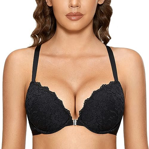 DOBREVA Damen Vorderverschluss BH mit Bügel Push Up Spitzen Neckholder BHS Racerback Tiefer Ausschnitt Gepolsterter Schwarz 90C