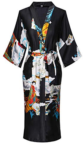 Women's Silky Kimono Robes Long Satin Bathrobes Sleepwear Loungewear Black