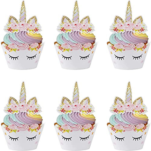 Topper de Gâteau,Licorne Cupcake Toppers et Wrappers 24 Pièces Décorations de Gâteau pour Les Enfants Anniversaire Bébé Douche Fête de d'anniversaire