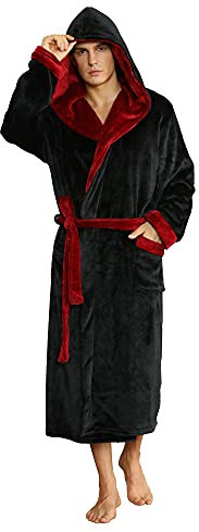 U2SKIIN Herren Kapuze Bademantel, Plüsch Bademäntel für Herren lange Fleece Plüsch Bademantel flauschig aus Flanell (Schwarz/Weinrot, L/XL)