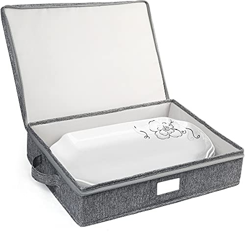 LotFancy China Platter Storage Container for Moving, Hard Shell Protection | Sturdy Dish Organizer Box with Handles & 5 Felt Dividers for Seasonal Storage, Storage Case for Large Fine China, 17x13x3.5in