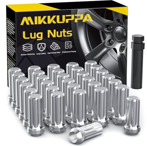 MIKKUPPA M14x1.5 Spline Lug Nuts, 32 Pack Chrome Lug Nuts 2 inches Long Cone Seat Lug Nut with Socket Key, Compatible with Ford F250 F350 Super Duty Chevy Silverado 1500 2500HD GMC Sierra