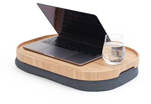 Bosign Plateau pour ordinateur portable avec coussin de pouf. Plateau antidérapant. Housse de coussin lavable et amovible. Bois de saule naturel. Coussin gris. LARGE (47 x34 x 6,5 cm)