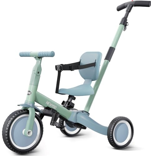 newyoo Toddler Tricycle with Push Handle for 1-3 Year Old, Toddler Bike, Birthday Gifts and Toys for Boys and Girls, 5 in 1 Kids Trike, Convert to Baby Balance Bike, Green, TR007