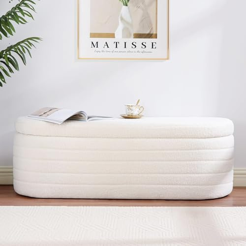 Hanstore Ottoman Storage Box, Teddy Upholstered Fabric Large Storage Bench End of Bed Stool with Safety Hinge Footstool for Bedroom, Living Room, Entryway - Oval