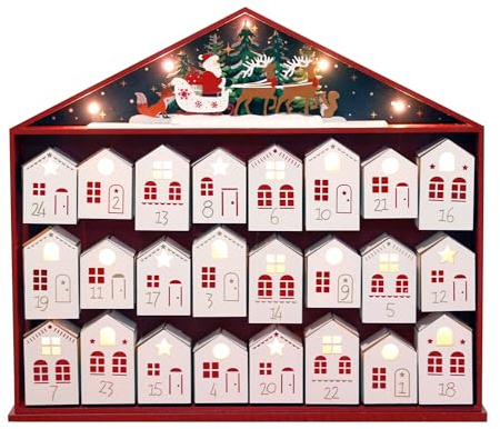 PE adventskalender i trä 2025 med LED-lampor, nedräkningskalender, husformade lådor, återanvändbar semesterdekoration, 24-dagars jul nedräkningsbox 44 x 39 x 6,6 cm