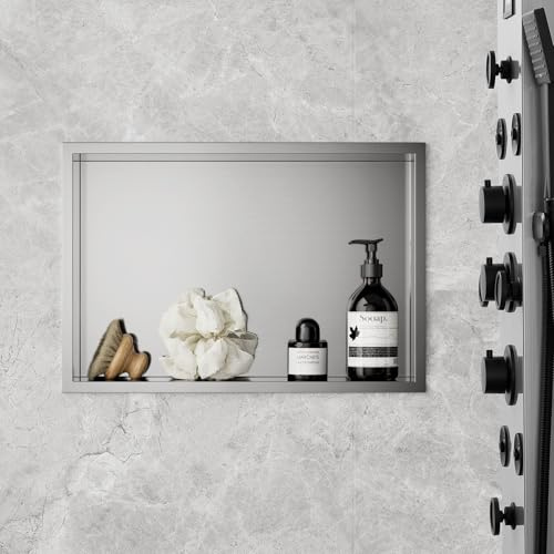KEOKBON Nicho de pared para ducha de acero inoxidable, 45 x 30 x 10 cm, estante individual de almacenamiento, no necesita azulejos, para baño, nano plata