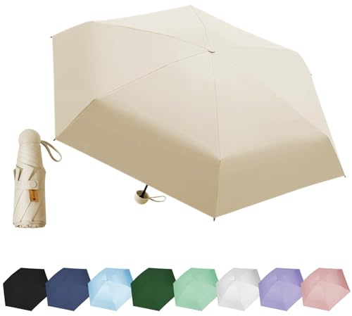 EEPLUYTY Mini-Regenschirm, Sechs-Knochen UV-Schutz Sonnenschirm für den Außenbereich, Regen- oder Sonnenschein, Tragbar (Warme Sandfarbe)