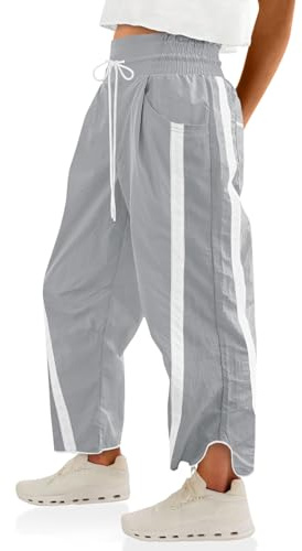 Fisoew Women's Baggy Wide Leg Pants Casual Drawstring Elastic Waisted Contrast Color Workout Y2K Track Pants Light Grey