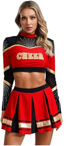 Aiihoo Cheerleading Costume Women Cheer Leader Uniform Outfits 2-Piece Sparkly Crop Tops with Pleated Skirt Red M
