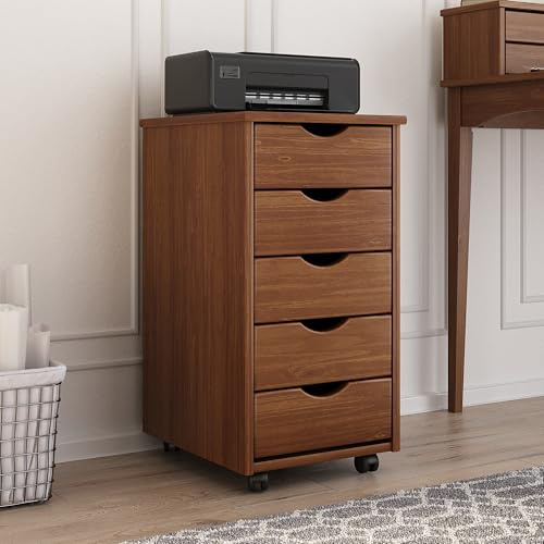 IDIMEX Caisson de Bureau Lagos L 35 cm, en Bois Massif, Meuble de Rangement sur roulettes avec 5 tiroirs, Coloris Brun foncé, idéal pour Chambre et Bureau