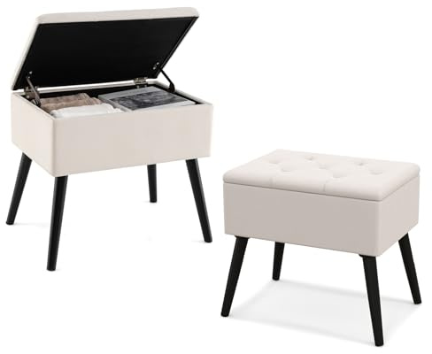 COSTWAY Sgabello Contenitore, Pouf Sgabello Ottoman, Poggiapiedi Moderno da Trucco, con Gambe in Legno Massello & Seduta Imbottita, Portata 150 kg, 49,5 x 35 x 46,5 cm (Beige)