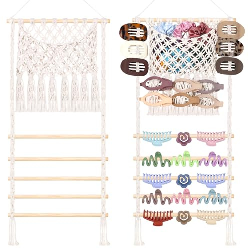 SNOWSTAR Macrame Hair Claw Clip Organizer,Large Capacity Mesh Bag Scrunchies Holder and Hair Ties Organizer for Women Girls,Hair Accessorie Hanging Storage Home Decor Wall,Door