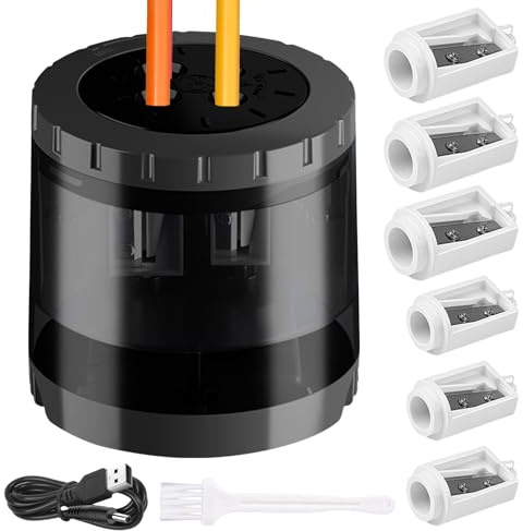 Taille-crayon électrique avec récipient, 4 tailles, taille-crayon à piles et USB, sans fil, antidérapant, crayon épais et fin, avec 4 lames de rechange (noir)
