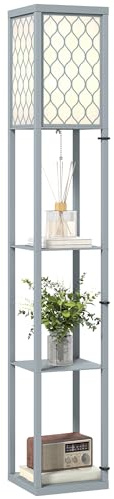 HOMCOM Lampadaire avec étagères, lampadaire sur pied de salon 3 niveaux, interrupteur à tirette, abat-jour en tissu motif nid d'abeille, pour salon, chambre, bureau, gris et blanc