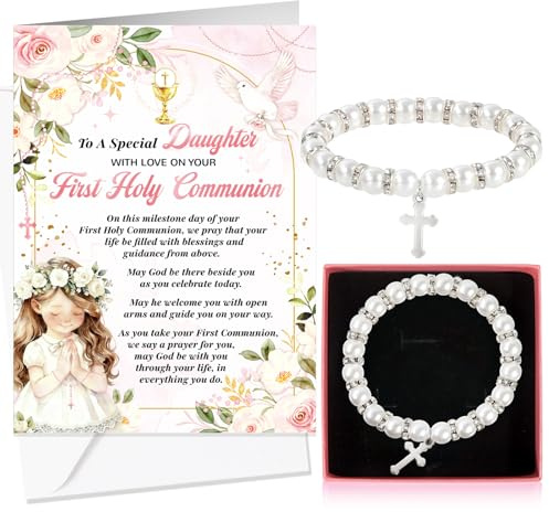 HOWAF First Holy Communion Card for Daughter, Congratulations Card & Pearl Cross Bracelet, Gift Box for 1st Holy Communion Gifts for Daughter