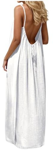 Robe Caraco Dos Nu sans Manches pour Femme, Robe Longue à Bretelles Spaghetti, Robes d'été Longue, légère, Fluide Froncée Robes Ete pour Les Vacances à la Plage Hawaienne Élégant Chic (White, M)
