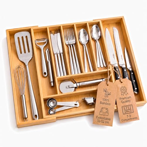 Kibun Bandeja para cubiertos de madera de bambú, ampliable 32-52 cm, para cajones