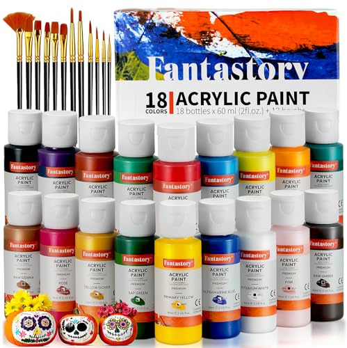 fantastory 60ml 18 Colors Acrylic Paint Set with 12 Brushes | Halloween, Waterproof, for Artwork & DIY Projects on Canvas, Wood, Glass, Clay, Fabric, Ceramic, Paper