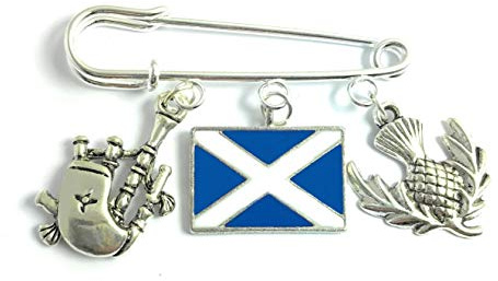 Épingles à kilt écossais avec drapeau, cornemuse et chardon (sac en velours)
