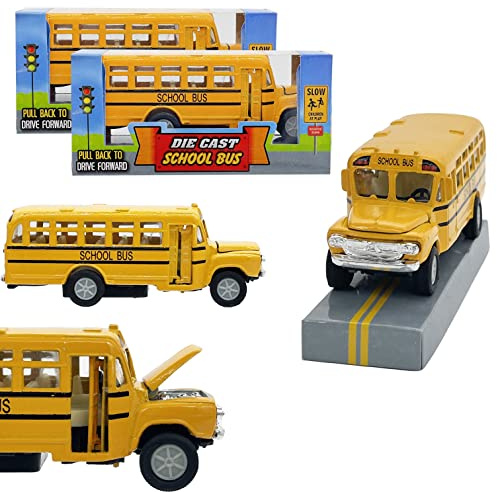 The Dreidel Company Die-Cast Pull Back School Bus, Toy Play Vehicles Car for Kids, Party Favor (4.75-School Bus, 2-Pack)