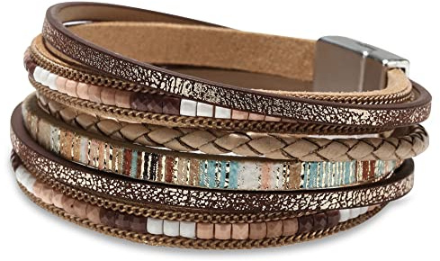Fesciory Leather Wrap Bracelets for Women, Boho Leopard Multi-Layer Crystal Beads Cuff Bracelet Jewelry (Boho Braid(Brown))