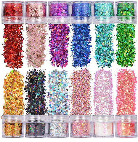 Purpurinas Polvo,12 Colores Brillos Corporales, Holográficas Brillantes Polvo Lentejuelas 3D Nail Art Purpurina, Brillo Cosmético Holográfico para Cara, Cuerpo, Ojos, Cabello, Uñas y Arte DIY