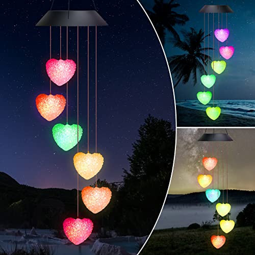 Larkumio Solaire Carillon a Vent Exterieur LED pour Decoration Jardin, Étanche Carillon éolien pour Femme Maman avec Lumières LED à Changement de Couleur pour Porche Fête Balcon Cour Maison, Cœur