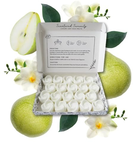 Päron + fresia-vaxsmältningar | starkt doftande | 20-pack | lyxigt presentset vaxsmältningar | över 96 timmar brinntid per låda | husdjursvänlig| miljövänlig| handhälld i Staffordshire, Storbritannien (päron + fresia)