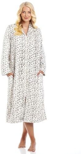 Camille Womens Calf-Length Fleece Zipped Housecoat | Soft & Fluffy Dressing Gown | Long Sleeves, Easy Zip Close, Turn-Over Collar & Pockets | Warm & Comfy | Beige Animal 14-16