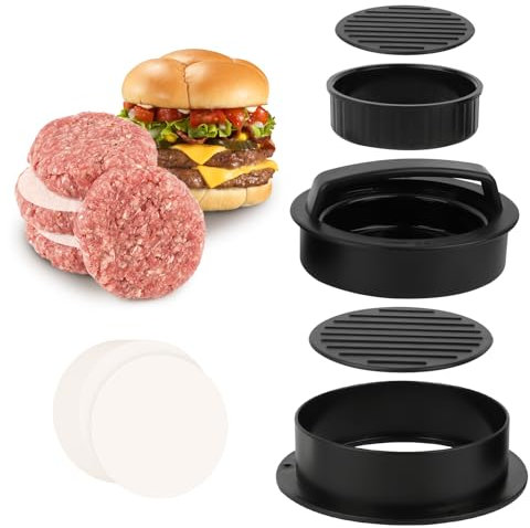 Presse à Hamburger 3 en 1, Burger Maker, Antiadhésive Presse à Burger, Burger Press, Moule Steak Haché pour Hamburgers avec 50 Papiers Antiadhesifs, Accessoires pour Le Barbecue Galettes Cheeseburgers
